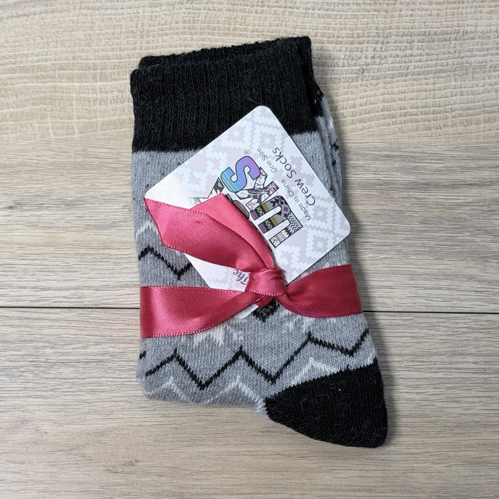 MUK LUKS Womens Crew Socks Gray Black Reindeer Fair Isle Christmas Holiday NWT